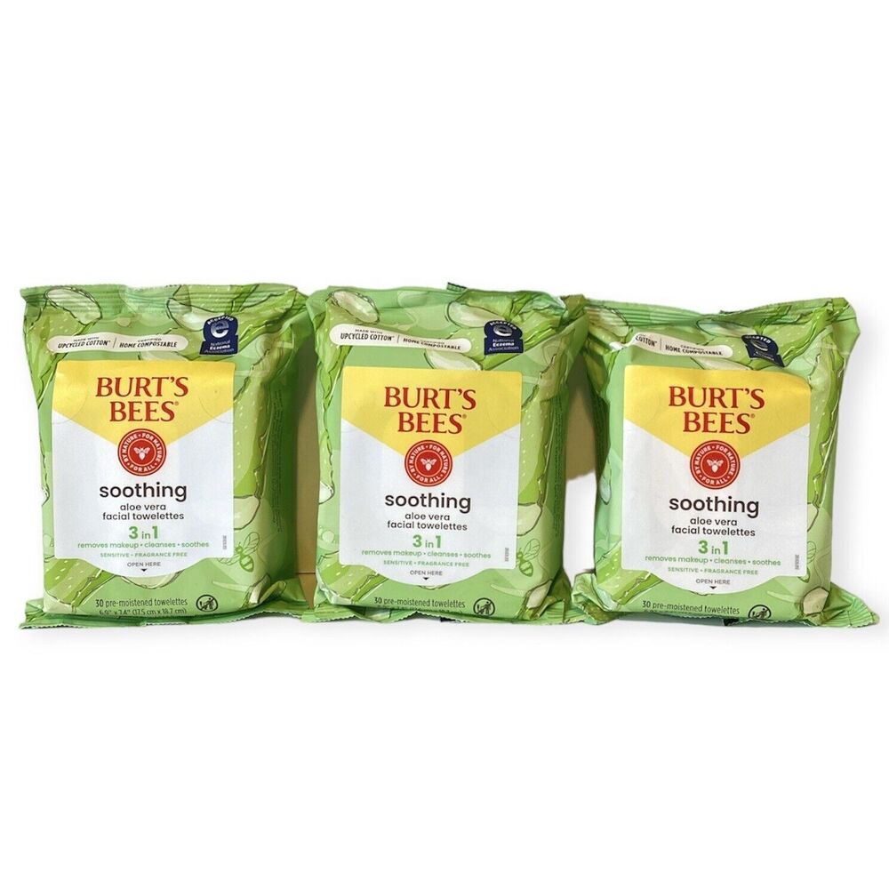 BURT'S BEES Sensitive Skin Facial Cleansing Towelettes 3 PACKS Aloe Soothing